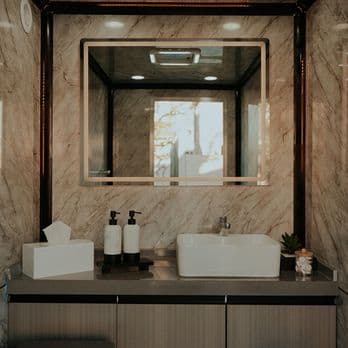 Restroom interior with decorative touches